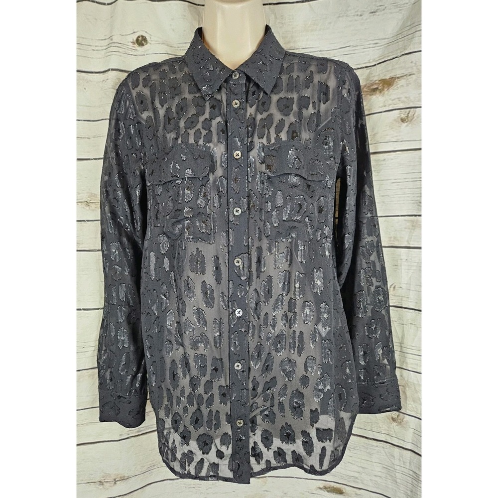 Equipment Black Burnout Button Top Blouse M Sheer Silk Blend Long Sleeves